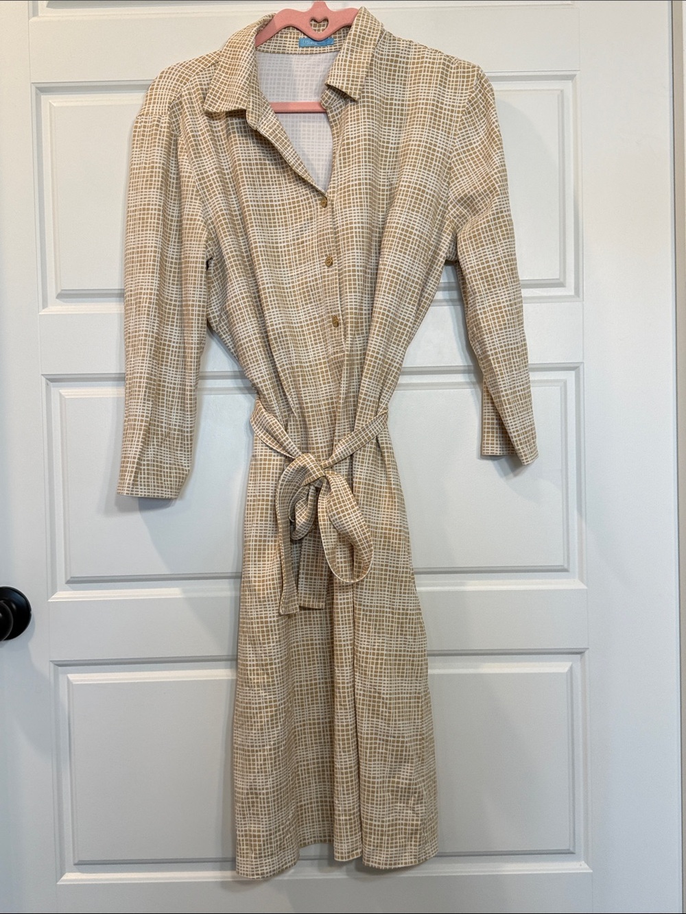 J. McLaughlin Calla Shirt Dress Tan Mini Mod Matrix Plaid Grid Catalina knit LG - Picture 3 of 6